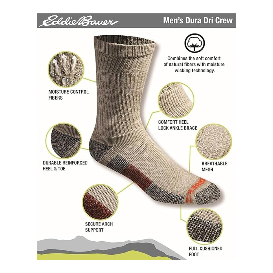 6 in a pack Eddie Bauer Mens Dura Dri Moisture Control Crew Socks