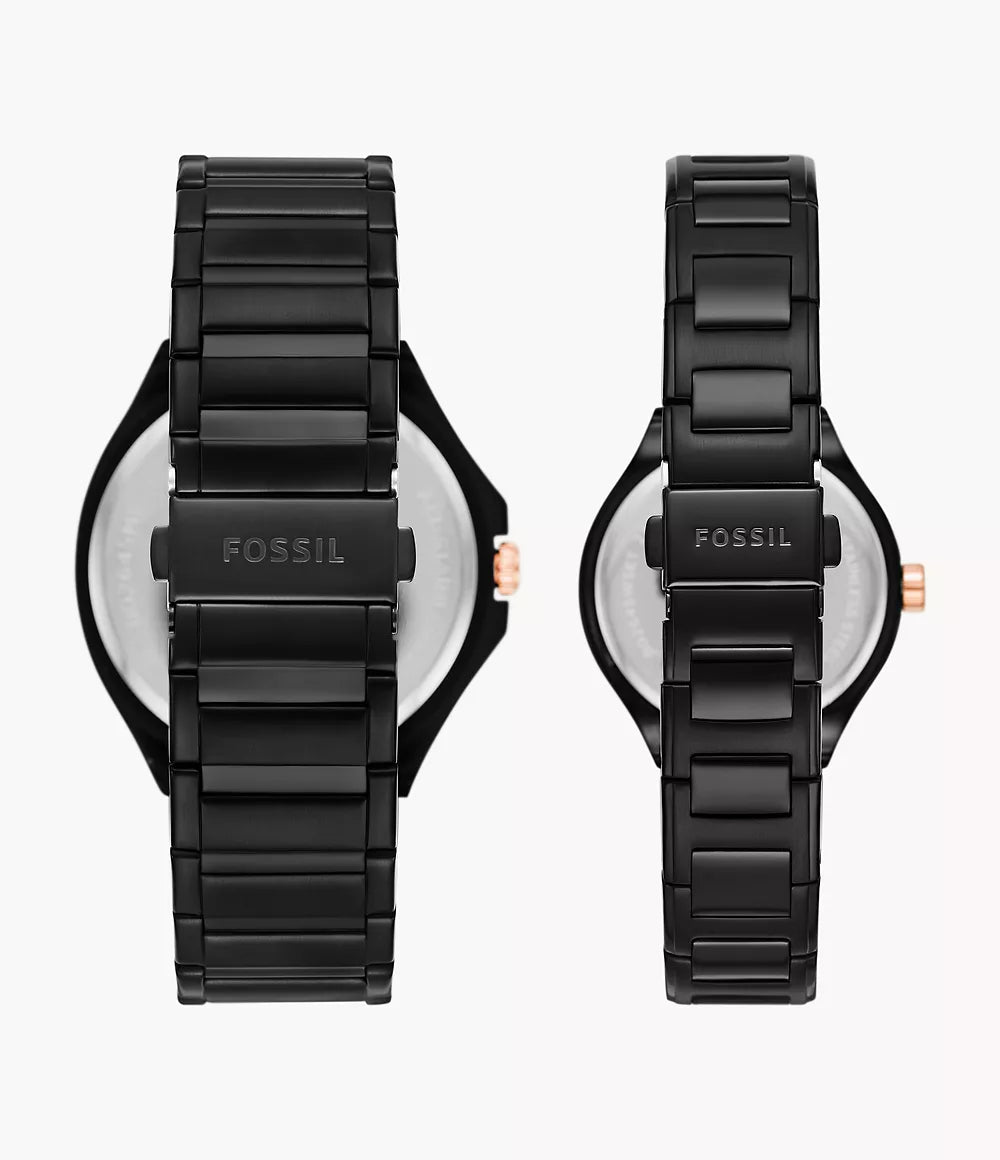His and Her Multifunction Black Stainless Steel Watch Set