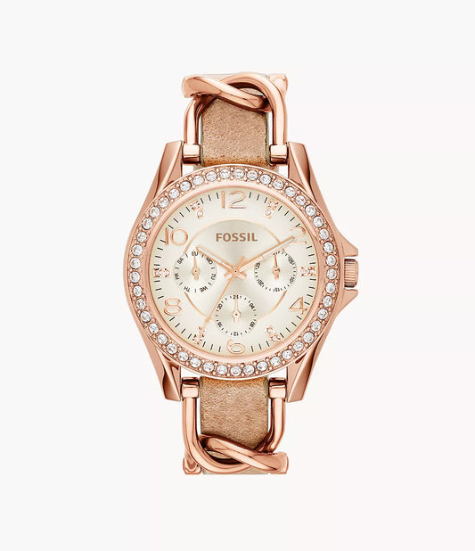 Riley Multifunction Rose Gold-Tone and Sand Leather Watch 38mm