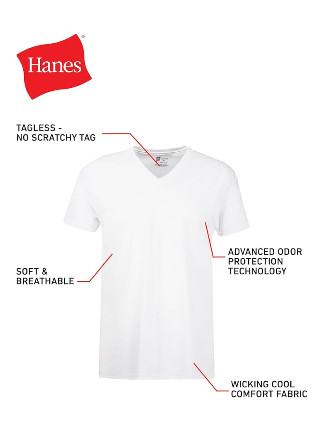 6 in a Pack Hanes Men's V-Neck Undershirts – Moisture-Wicking Cotton Tees, Odor Control, White