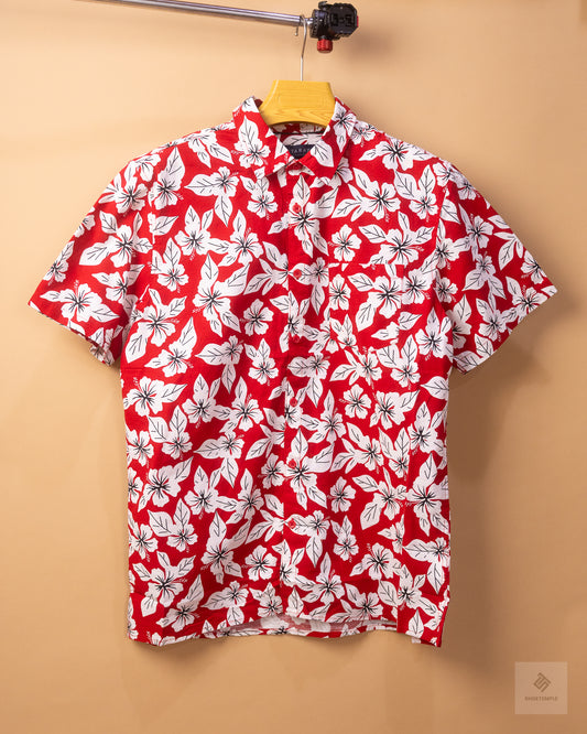 Mantaray red hibiscus print Hawaiian short-sleeve shirt