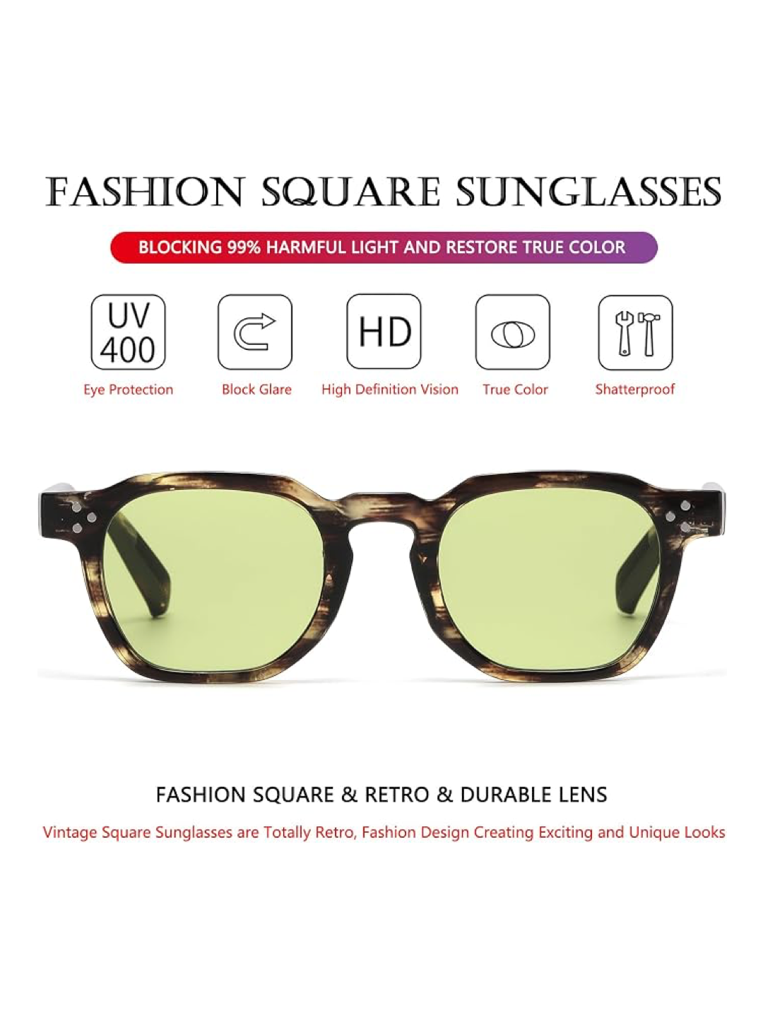 Retro Sunglasses for Women and Men – Square Thick-Framed Shades Trendy Vintage Sunglasses