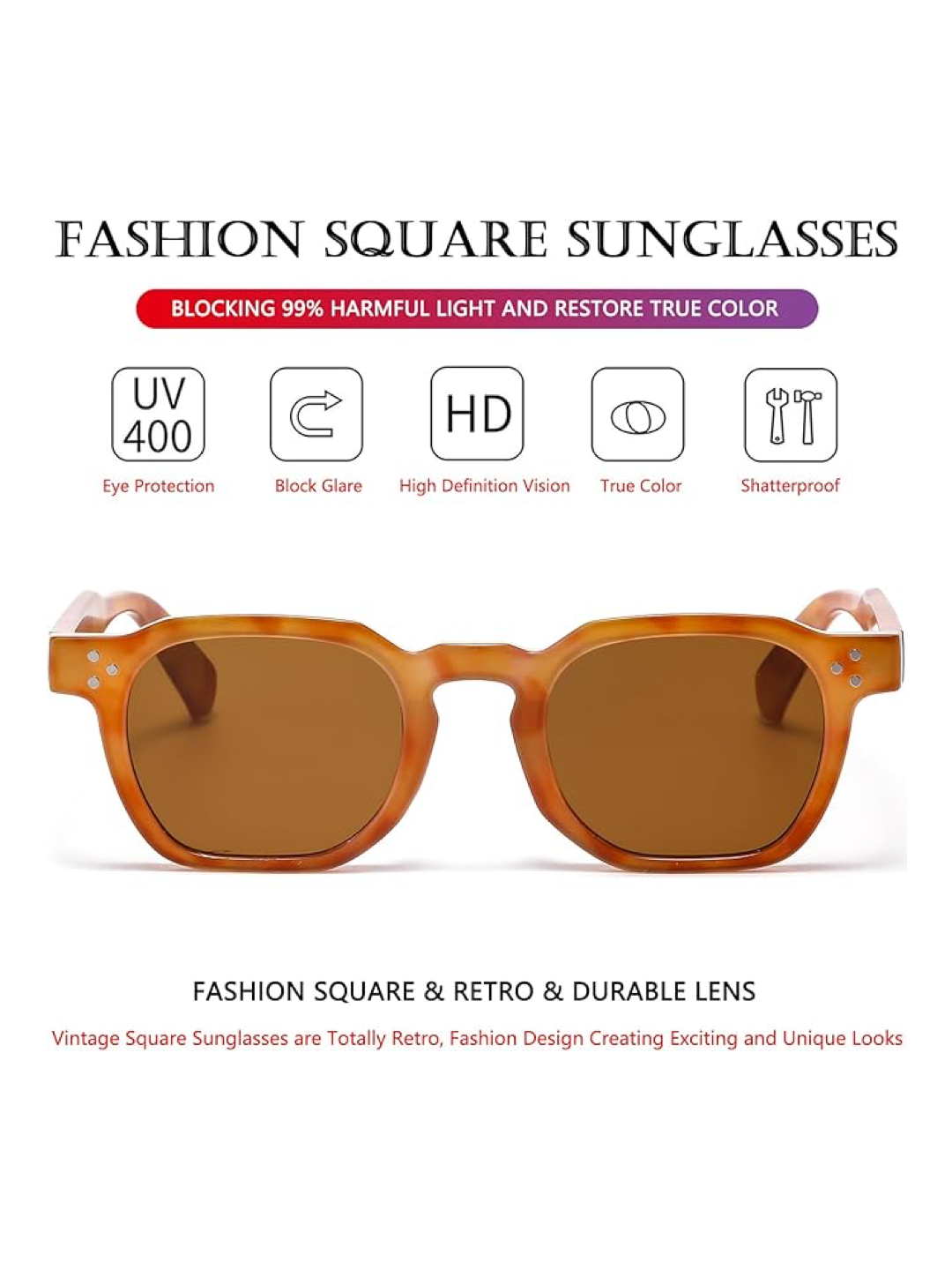 Retro Sunglasses for Women and Men – Square Thick-Framed Shades Trendy Vintage Sunglasses