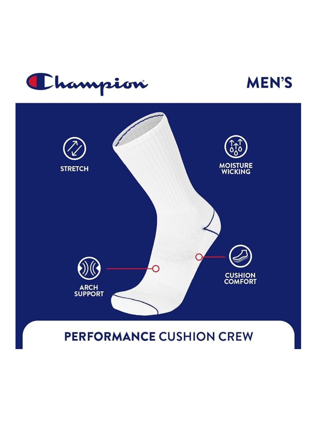 Champion Men's Cushioned Crew Socks 5-Pack - Moisture-Wicking Athletic Crew Socks with Arch Support